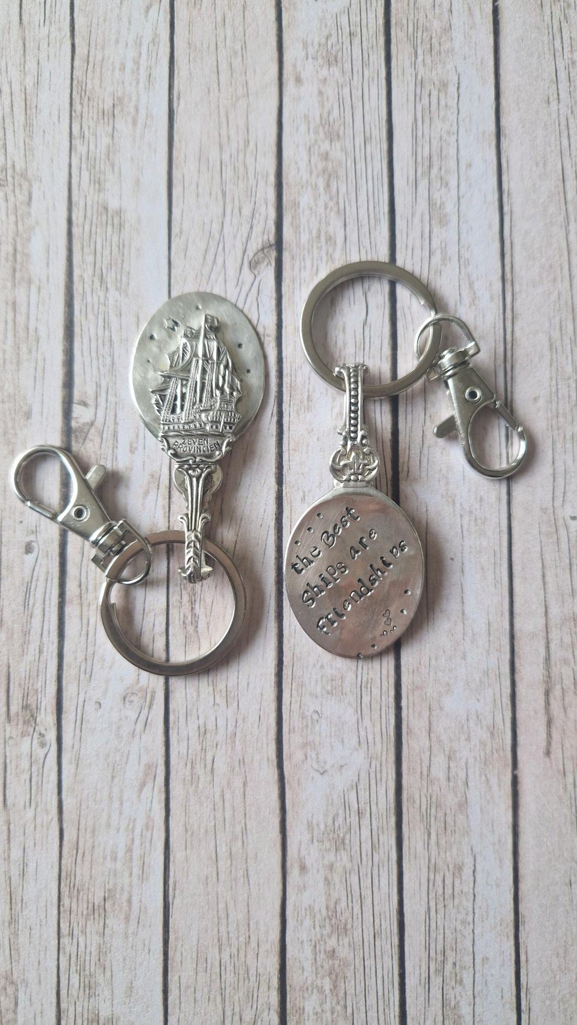 Vintage teaspoon keychain with hand-stamped text