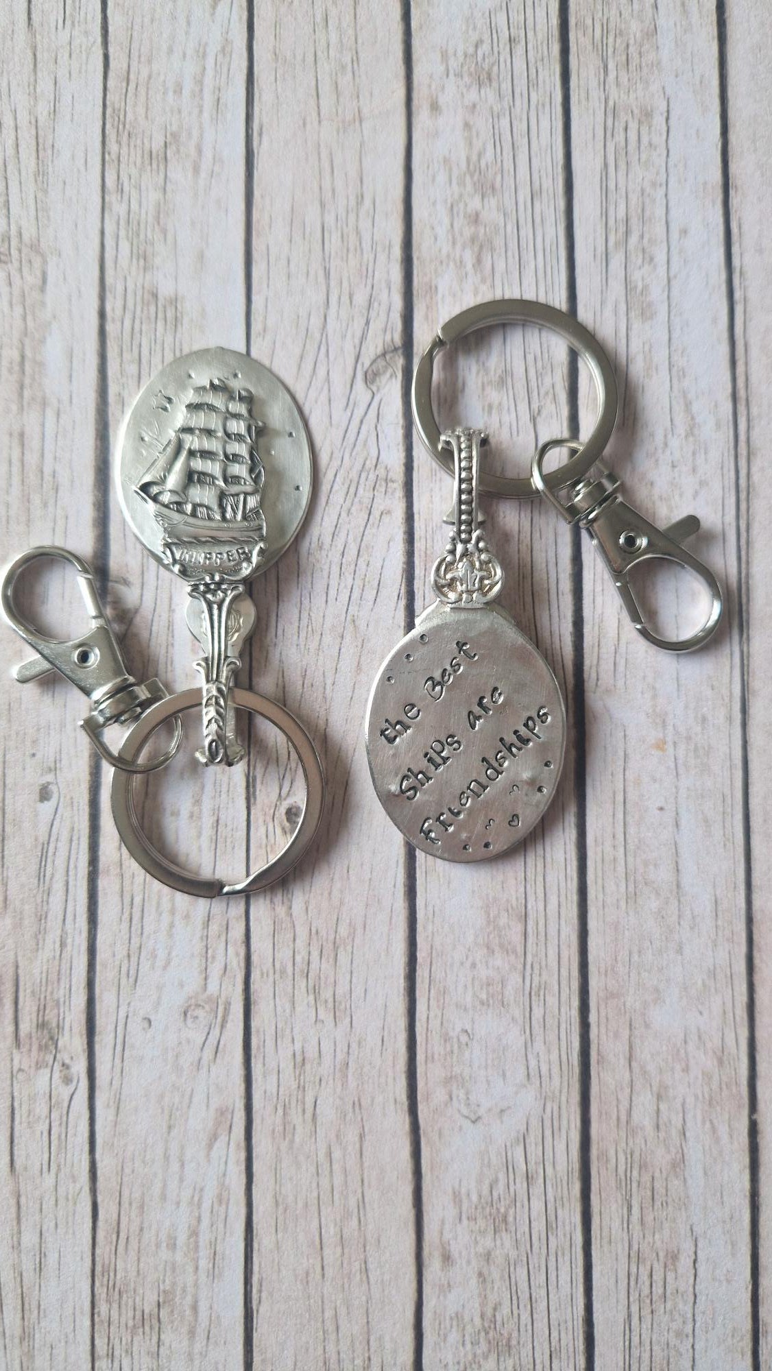 Vintage teaspoon keychain with hand-stamped text