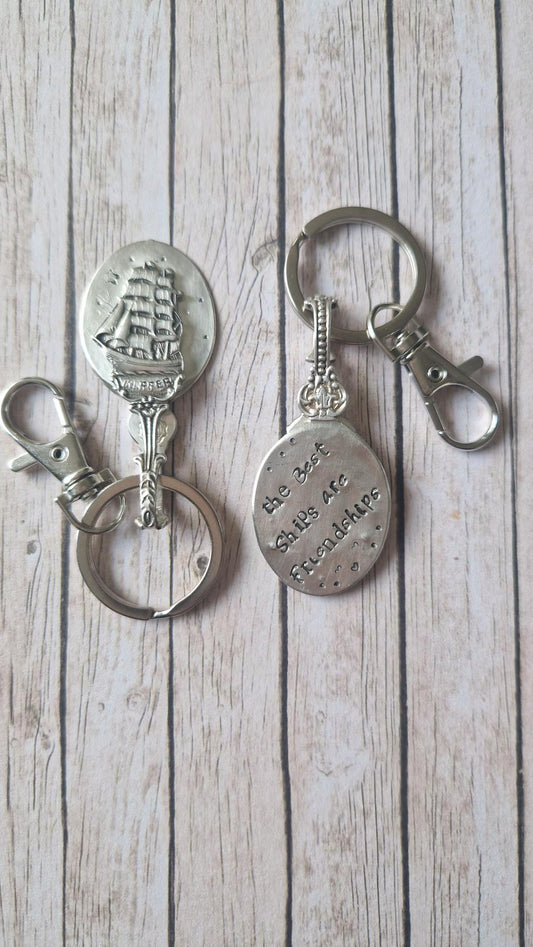 Vintage teaspoon keychain with hand-stamped text