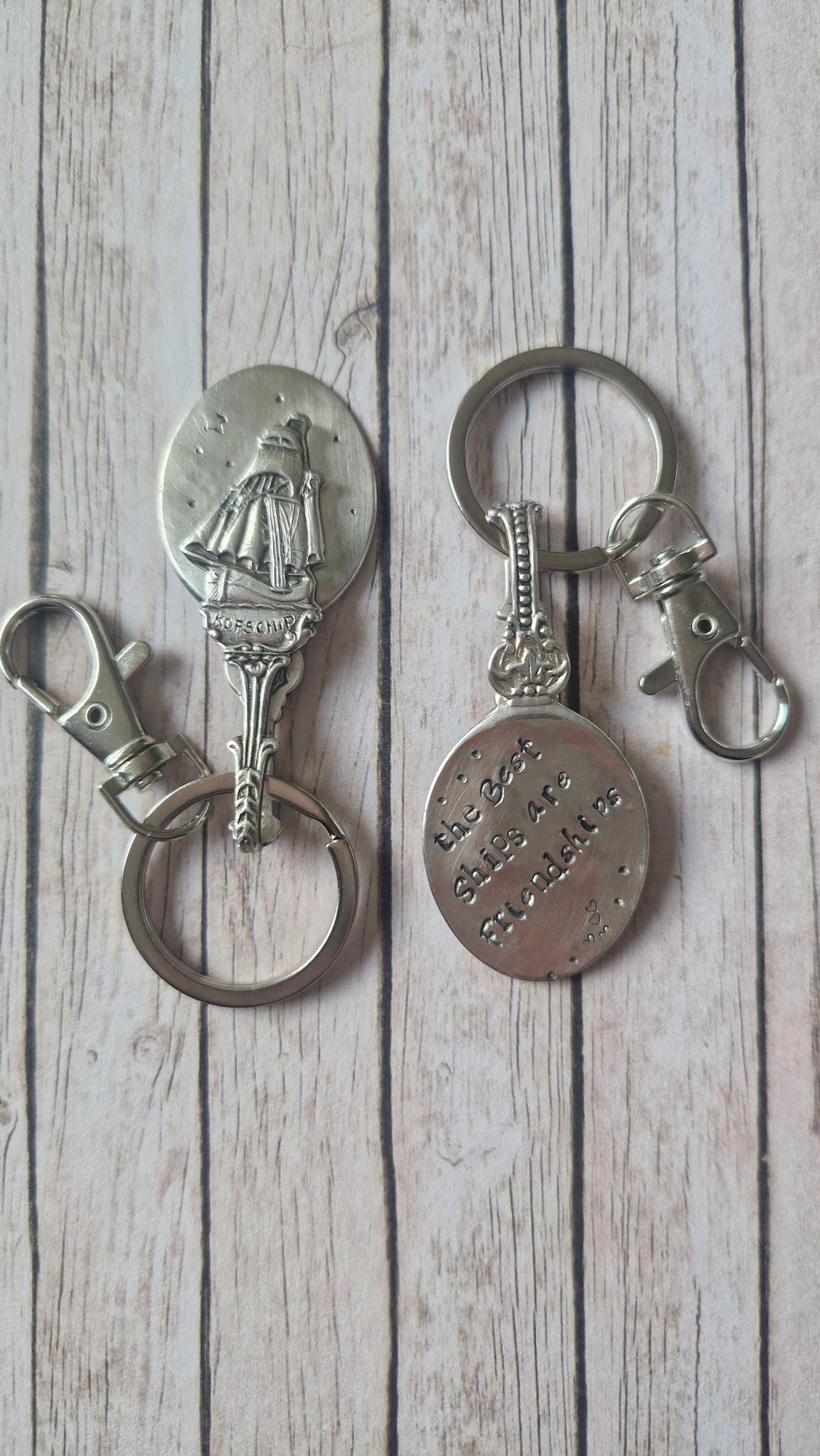 Vintage teaspoon keychain with hand-stamped text