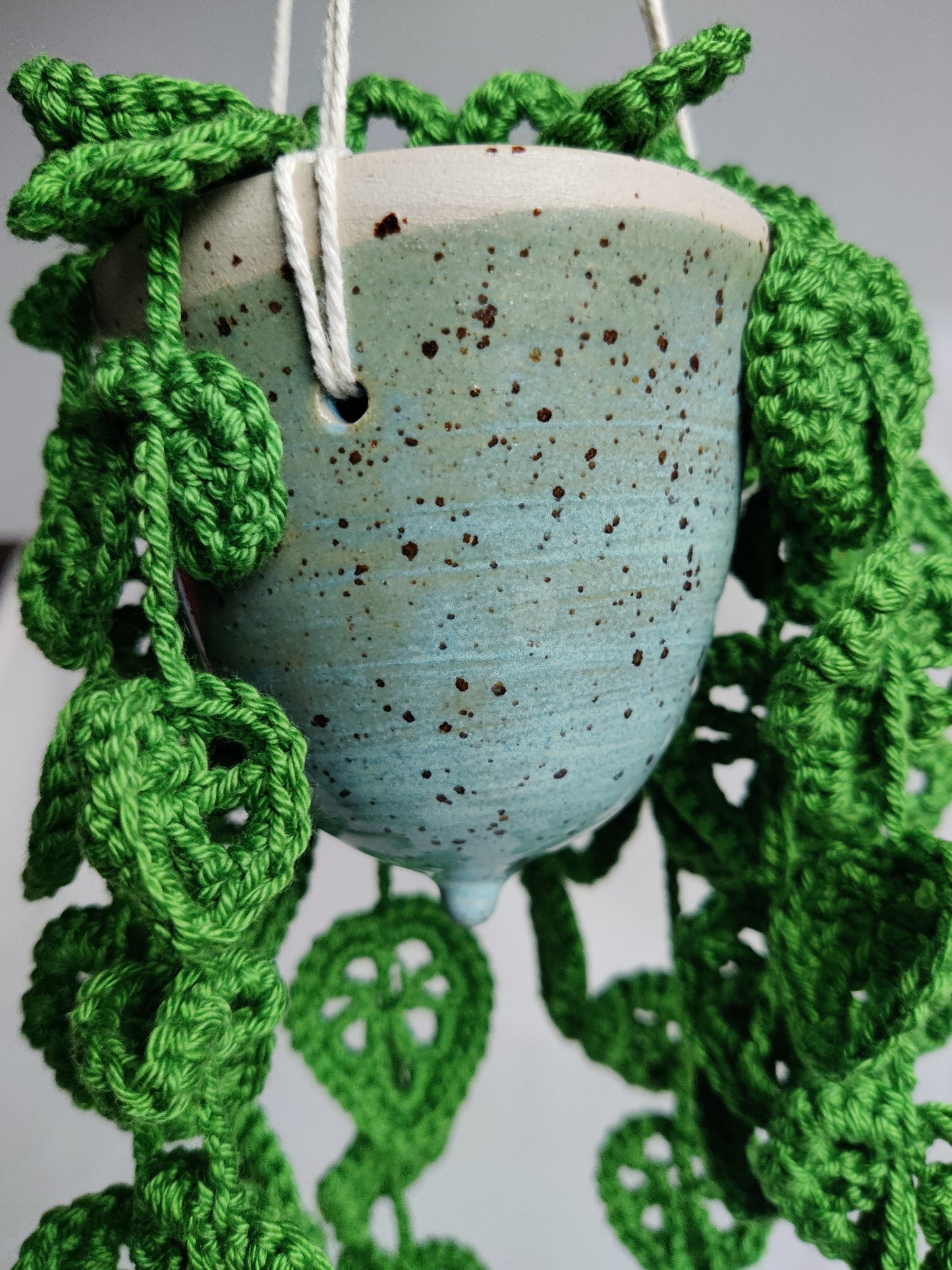 Hanging pot with crocheted Monstera blue