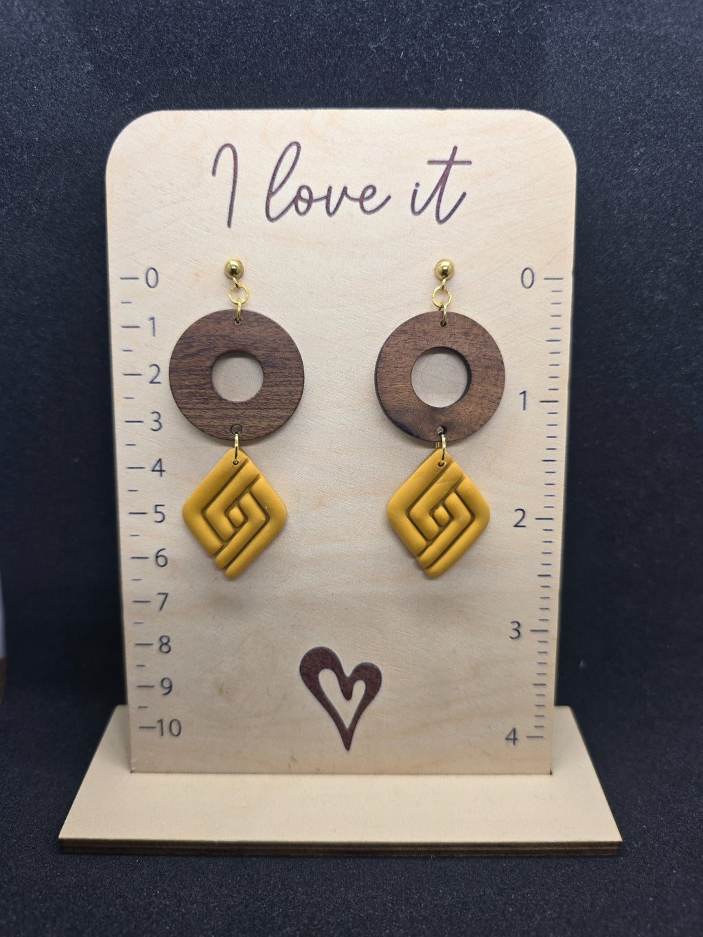 Yellow rhombus earrings with wooden ring