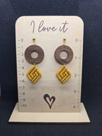 Yellow rhombus earrings with wooden ring