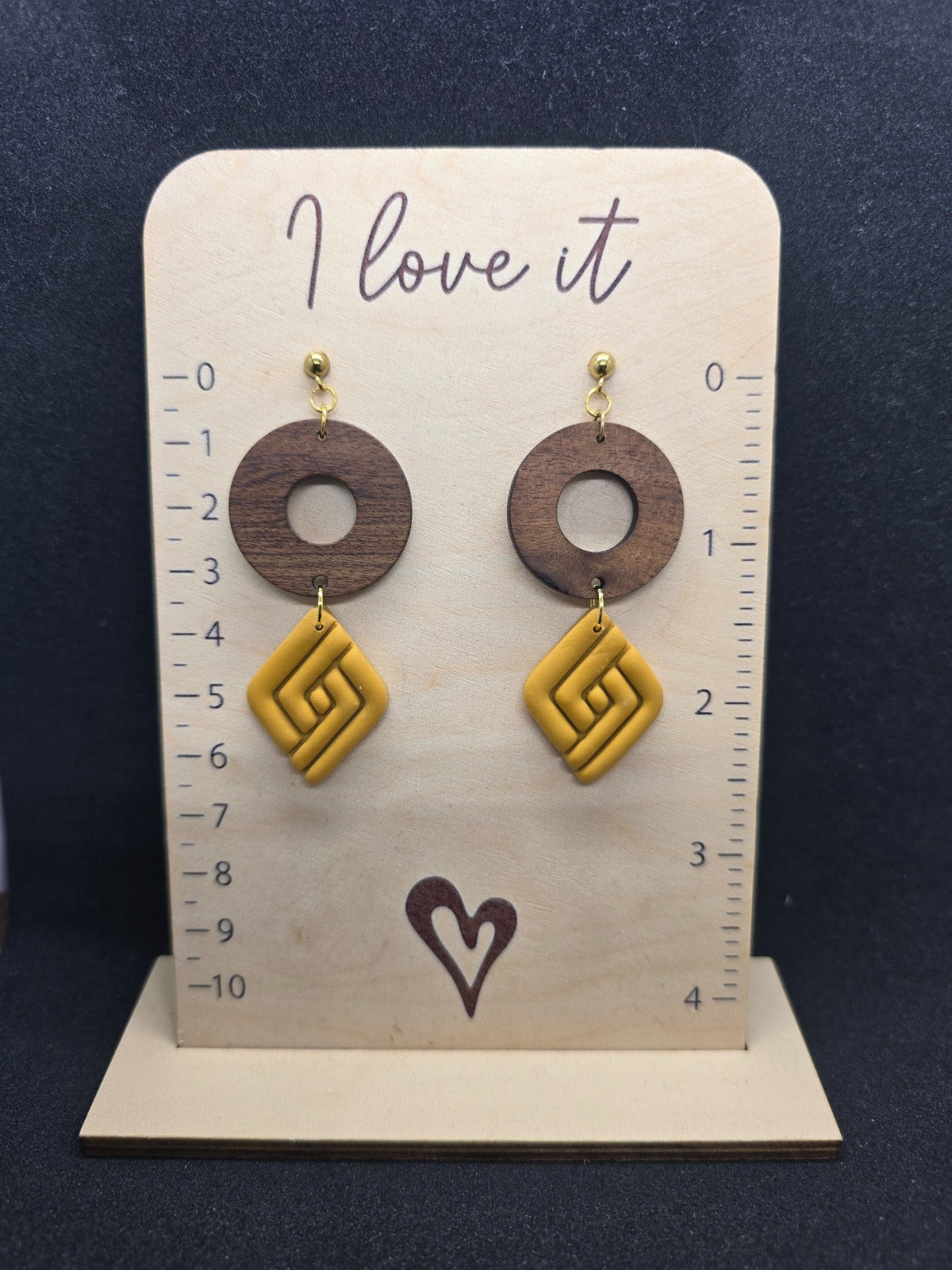 Yellow rhombus earrings with wooden ring