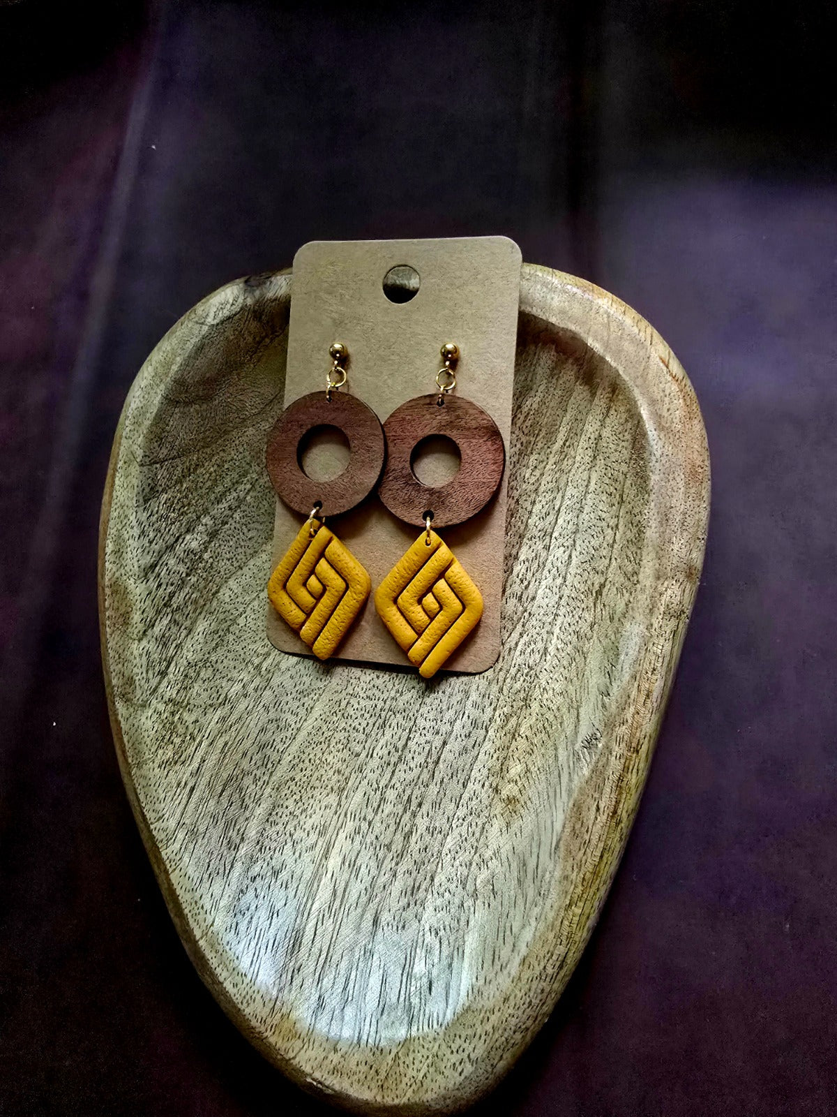 Yellow rhombus earrings with wooden ring