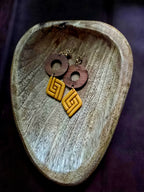 Yellow rhombus earrings with wooden ring