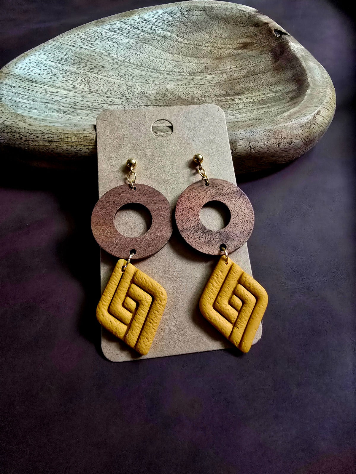 Yellow rhombus earrings with wooden ring