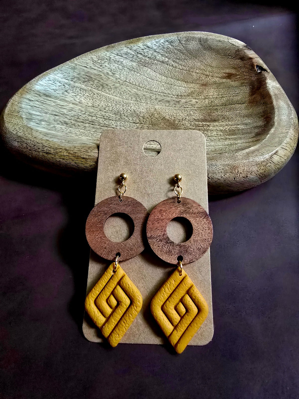 Yellow rhombus earrings with wooden ring