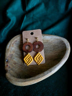 Yellow rhombus earrings with wooden ring